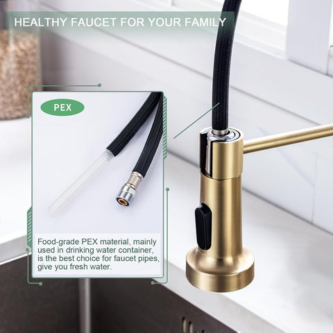 WEWE Pull-Down Kitchen Faucet, 2-Mode Sprayer, Gold, High Arc
