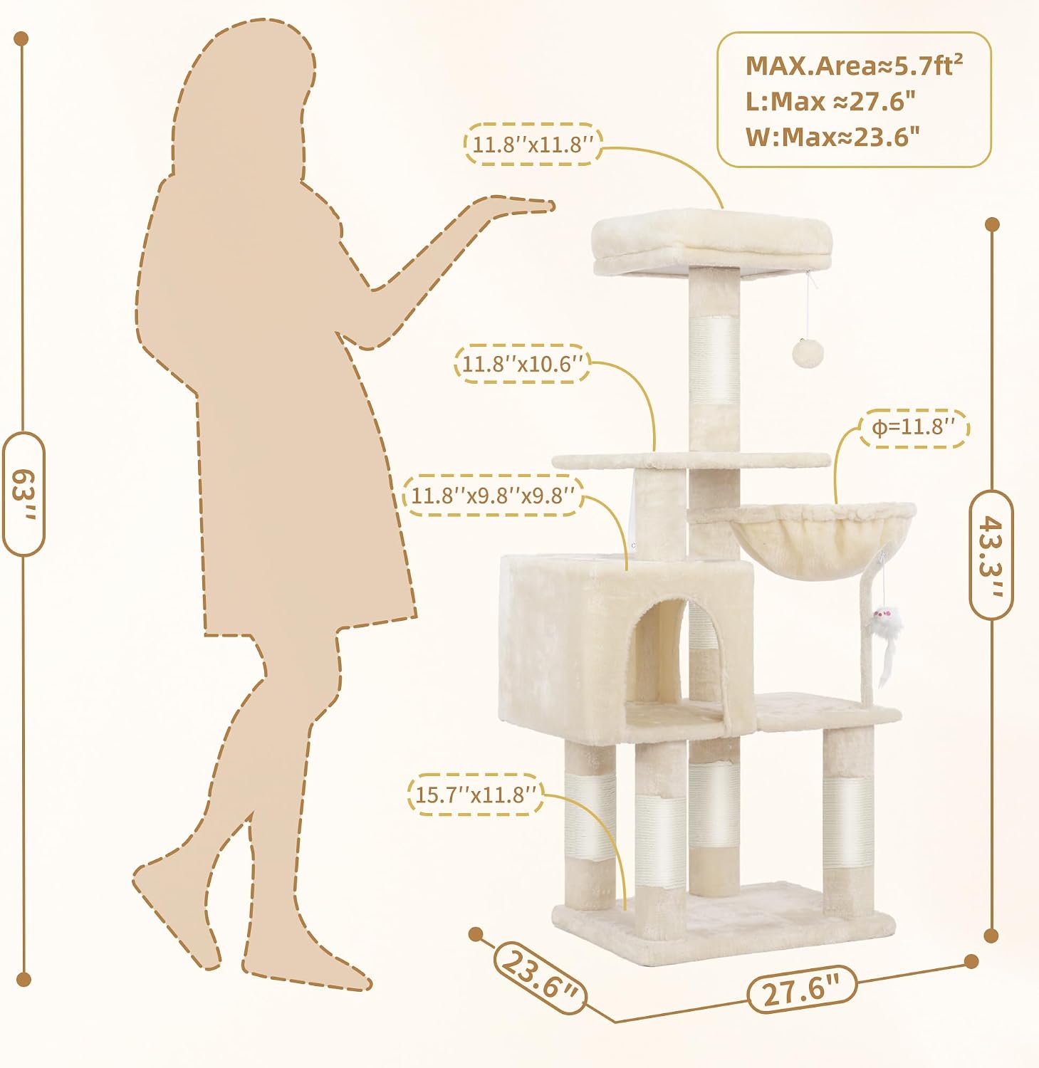 Heybly Cat Tree with Toy, 43.3 inch Cat Tower for Indoor Cats HCT004SM