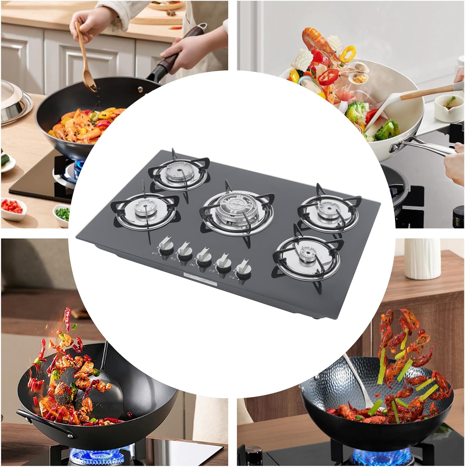 30" Built-in Gas Cooktop 5 Burner, Tempered Glass LPG/NG Dual Fuel, High Efficiency Stove with Easy-Clean Surface for Home & Commercial Use