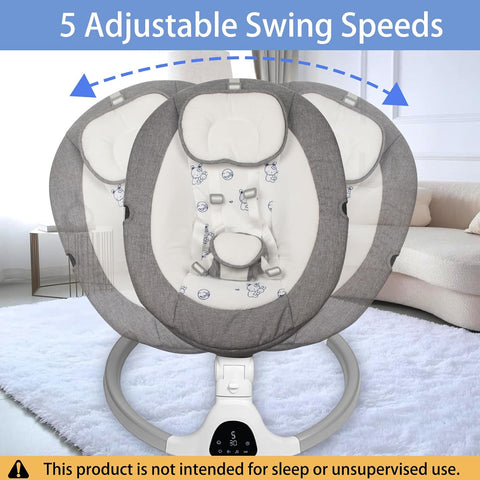 Electric Baby Swing for Infants, 5-Speed Adjustable Swing with Bluetooth Music, Timer, 5-Point Harness and Stable Base for Supervised Daytime Use (Grey)