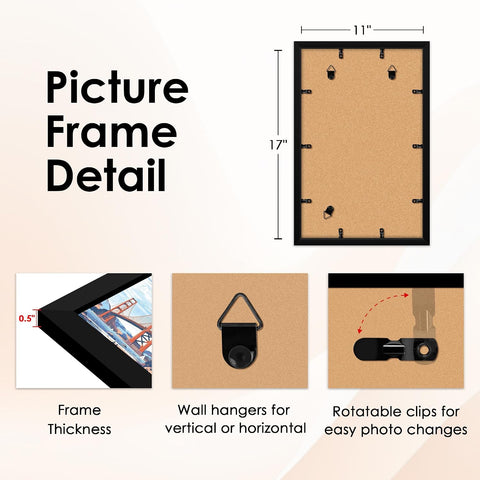 FIXSMITH 11x17 Picture Frame Set of 1, Photo Frame with HD Plexiglass, Display Pictures 9x15 with Mat or 11x17 Without Mat, Black Picture Frames Collage Wall Decor, Gallary Wall Frame