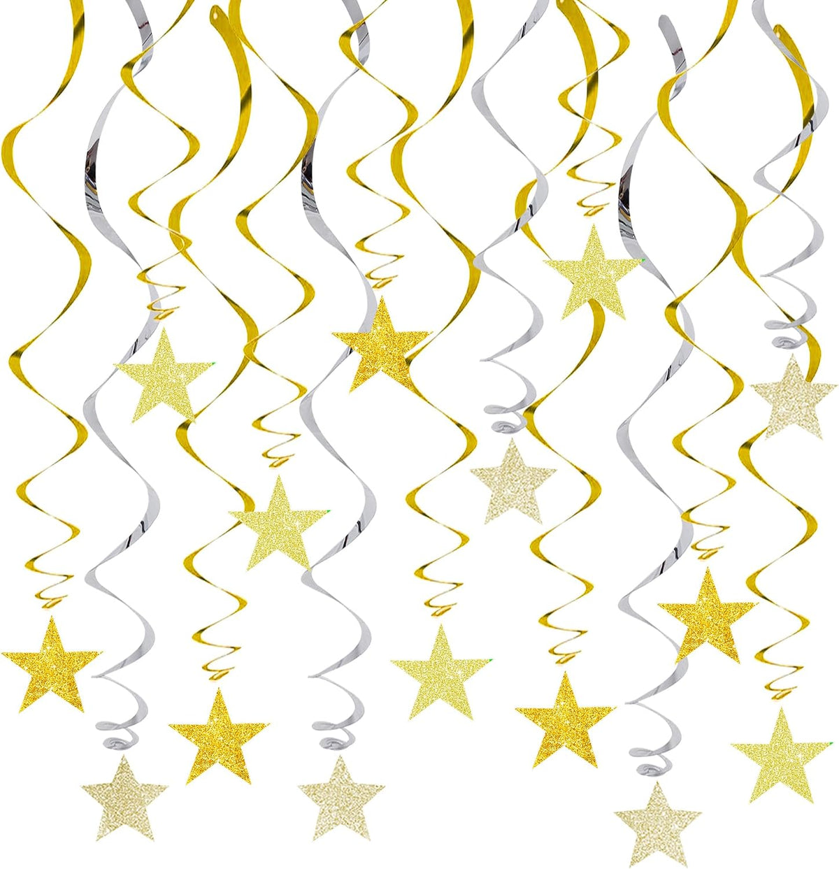 BEISHIDA Gold Glitter Stars Hanging Swirls Pre-Strung Hanging Ornament Decorations for Wedding Anniversary Retirement Graduation New Year Birthday Party Decorations,Pack of 15