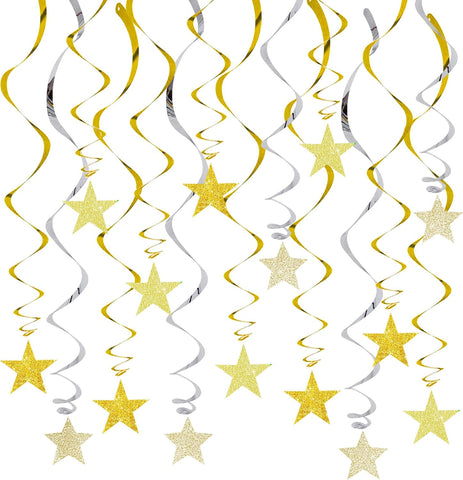 BEISHIDA Gold Glitter Stars Hanging Swirls Pre-Strung Hanging Ornament Decorations for Wedding Anniversary Retirement Graduation New Year Birthday Party Decorations,Pack of 15