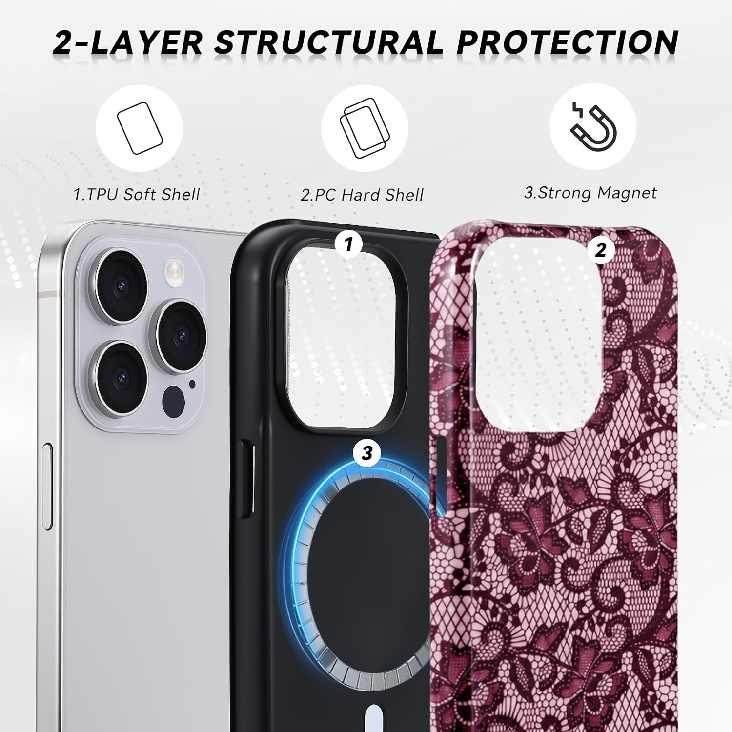 for iPhone 15 Pro Case - Wireless Charging for MagSafe, Dual-Layer Design (Hard PC Shell, Soft TPU Lining), Shockproof Protective Case for Women - Red & Gold Lace Print