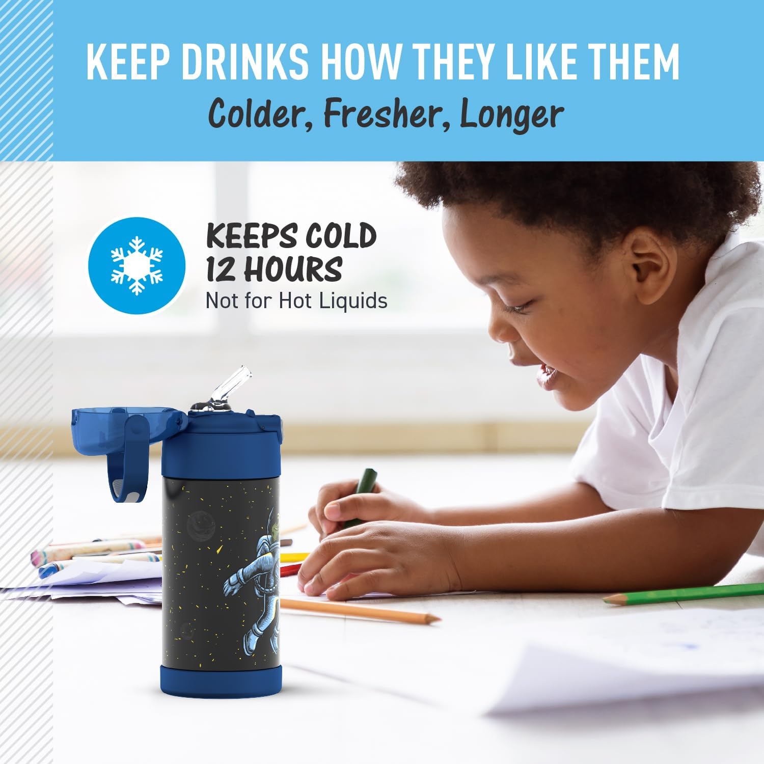 THERMOS FUNTAINER Water Bottle with Straw, 12oz, Space Frog
