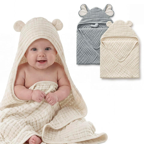 Blissful Diary Muslin Baby Hooded Towel 2 Pack, Soft & Absorbent Bath Towel for Infant, Toddler, Unisex, Baby Gift, Newborn Essentials, Gray Elephant & Beige Bear