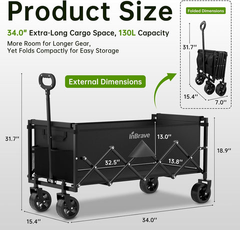 34" Extra Long Collapsible Wagon Cart, 360LBS Capacity, Black