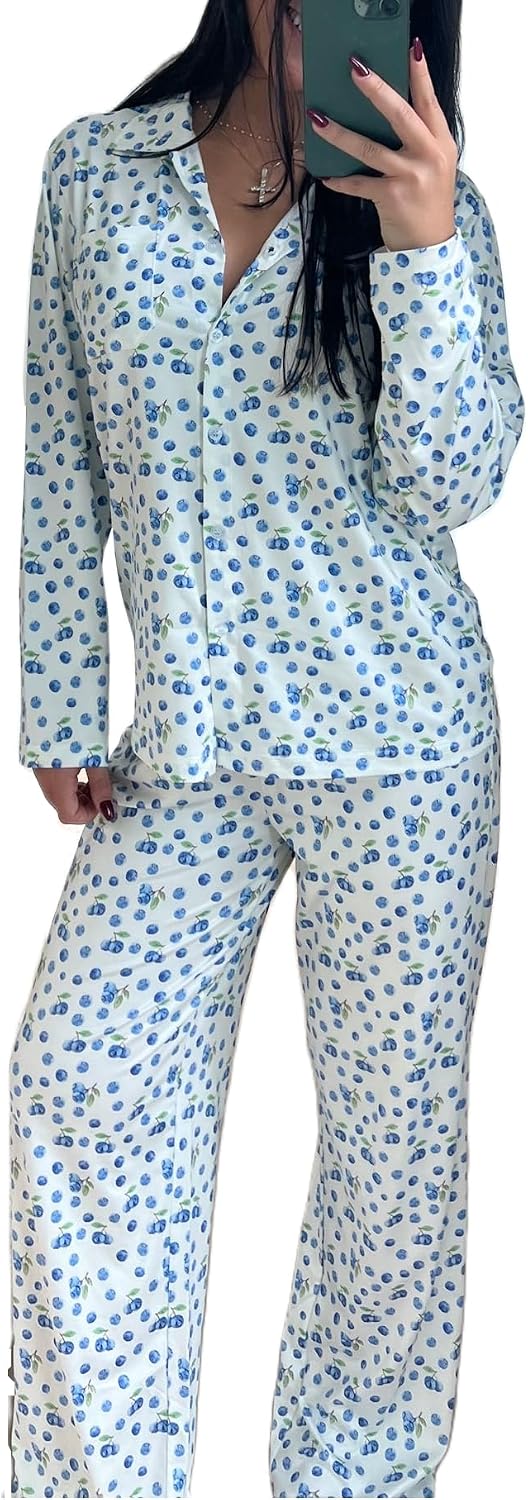 Seyurigaoka Women 2 Piece Floral Pajamas Lounge Set Y2K Long Sleeve Shirt Wide Leg Pants Sleepwear Pj Matching Sets