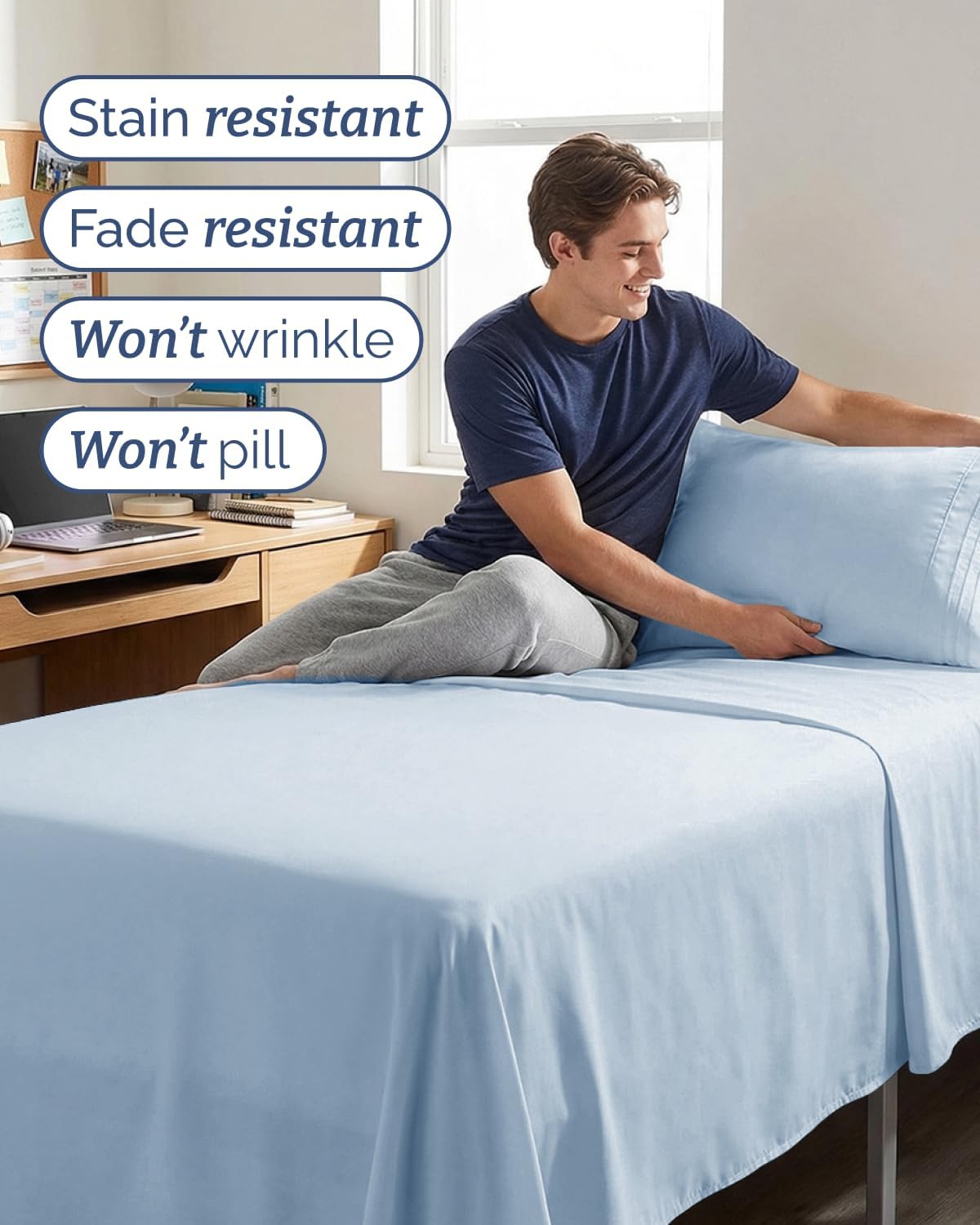 Twin XL 3 Piece Sheet Set - College Dorm Room Essentials - Sky Blue