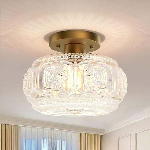 Globe Glass Semi Flush Mount Ceiling Light Fixture, Vintage Gold