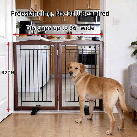 ZJSF Freestanding Dog Fence Indoor, Foldable Dog Gate for Doorways, Stairs or Hallways, Sturdy Wood Extra Wide Pet Gate with Support Feet for The House, Brown, 32 "Height-2 Panels