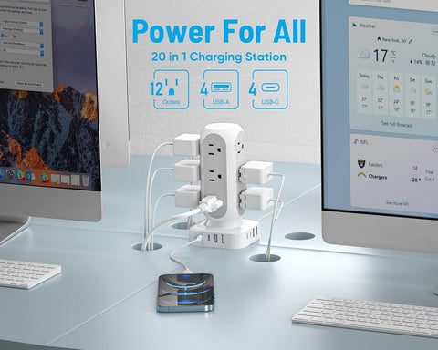 Flat Plug Power Strip Tower, TenTrend 40W Total Fast Charging Station, 10FT