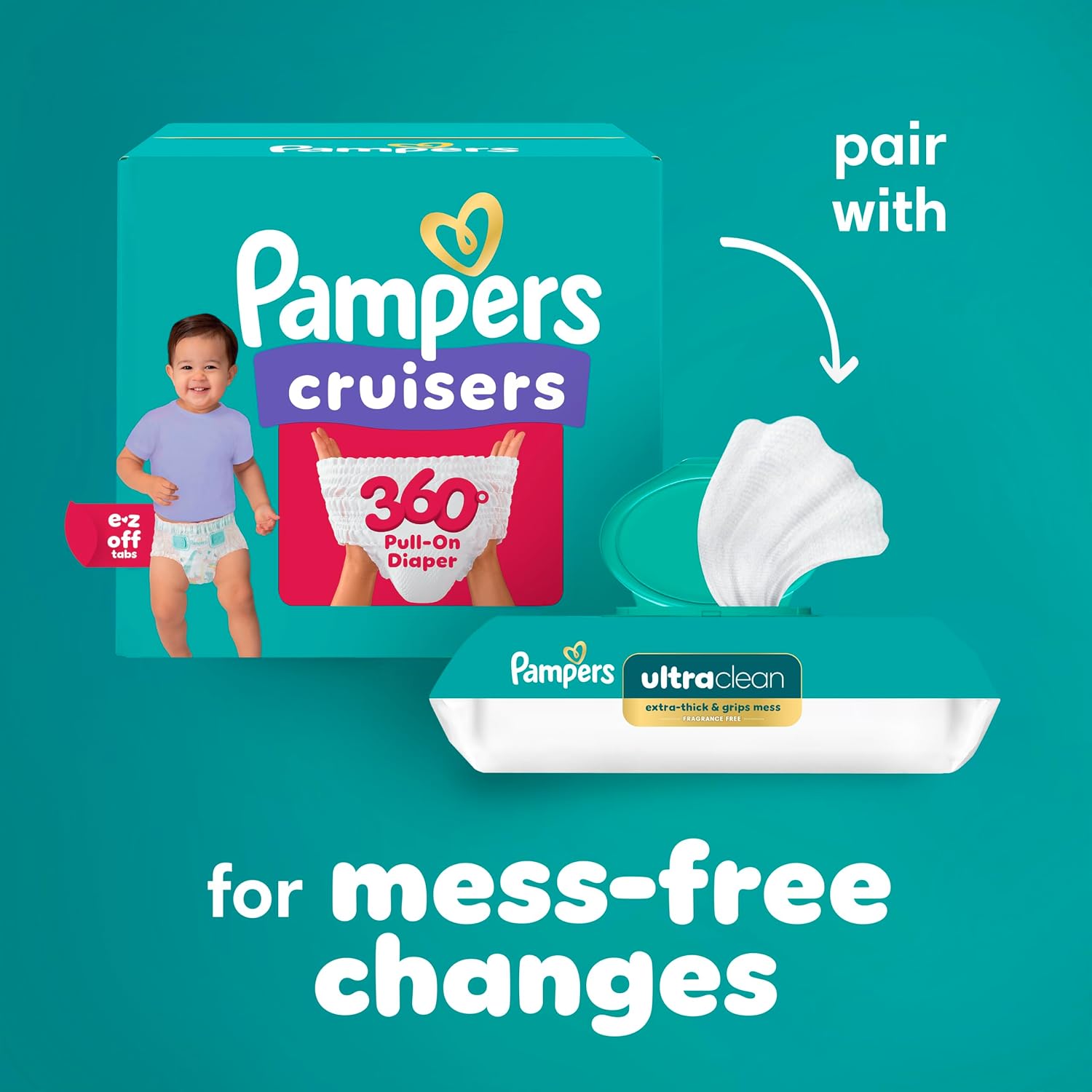 Pampers Diapers - Cruisers 360° - Size 8, 74 Count, up to 100% Leakproof Fit, Designed for Active Babies, Pull On Diaper