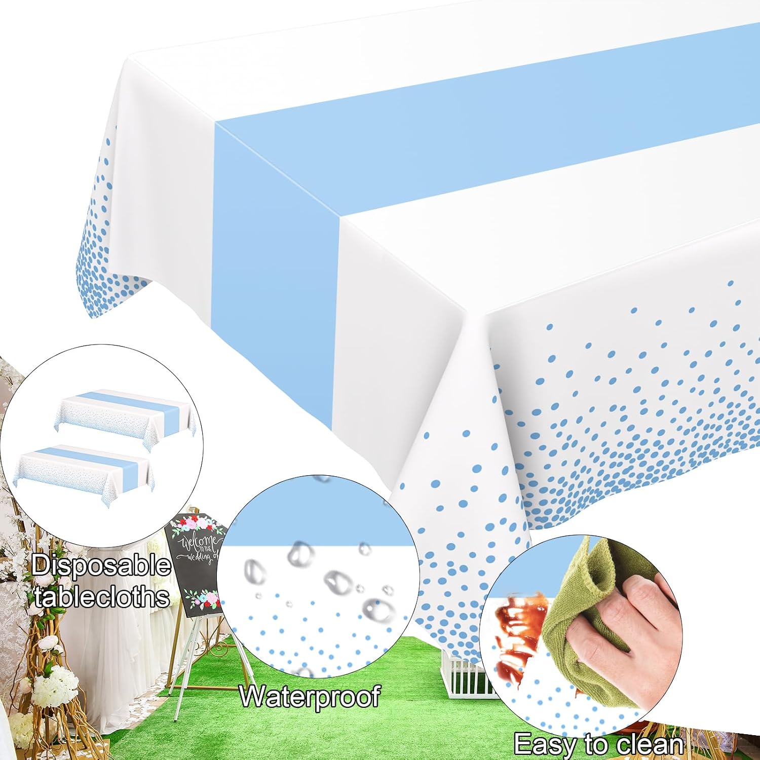 2 Pack White and Light Blue Tablecloth Disposable White Table Cloth Printed Pastel Blue Table Runner for Parties Baby & Bridal Shower Engagement Wedding Birthday BBQ Picnic Indoors and Outdoors Party