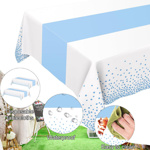 2 Pack White and Light Blue Tablecloth Disposable White Table Cloth Printed Pastel Blue Table Runner for Parties Baby & Bridal Shower Engagement Wedding Birthday BBQ Picnic Indoors and Outdoors Party