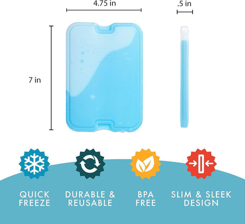 Cool Coolers by Fit & Fresh 4 Pack XL Slim Ice Packs, Quick Freeze Space Saving Reusable Ice Packs for Lunch Boxes or Coolers