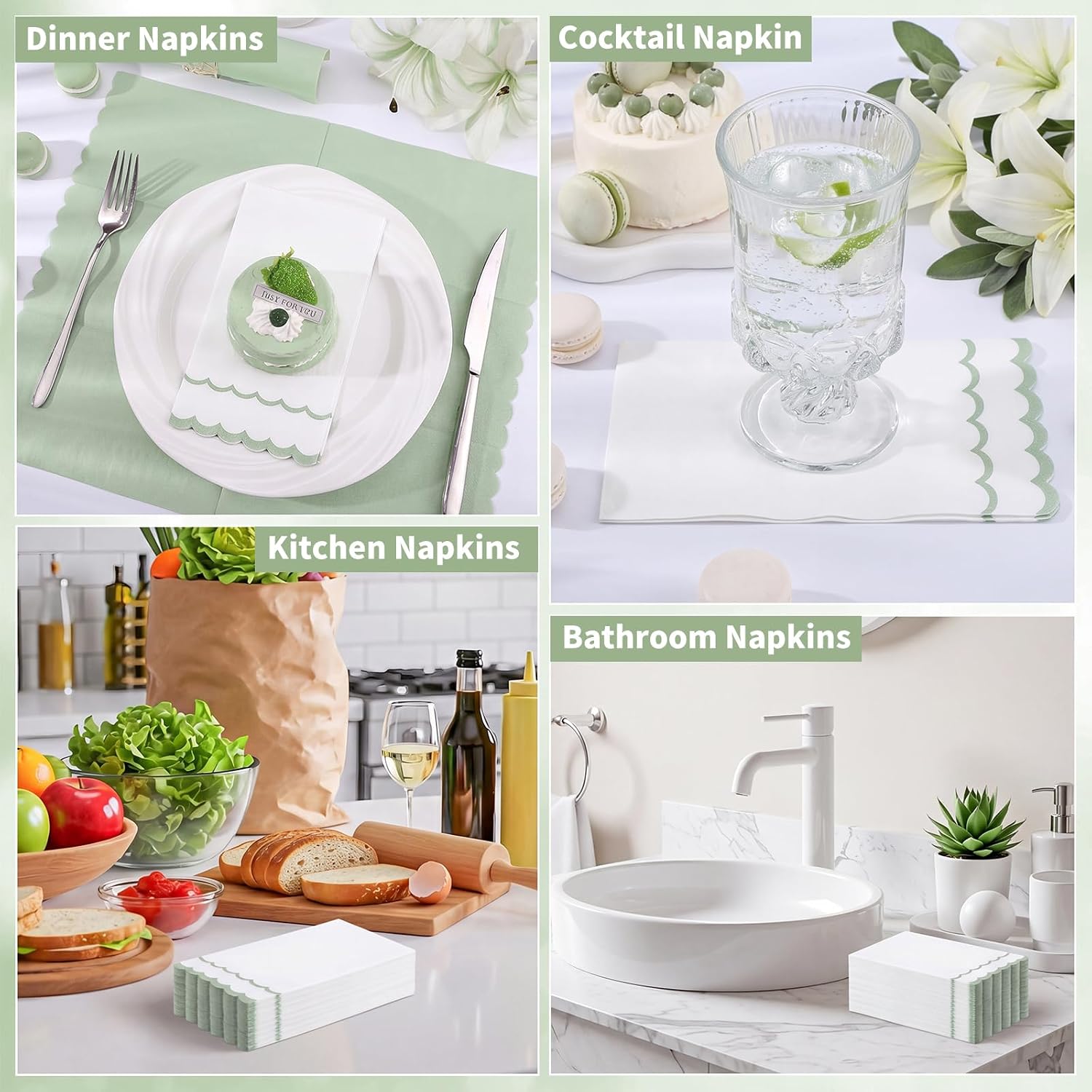 NatNarr 60 Pcs Sage Green and White Napkins, 2 Ply Scalloped Napkins