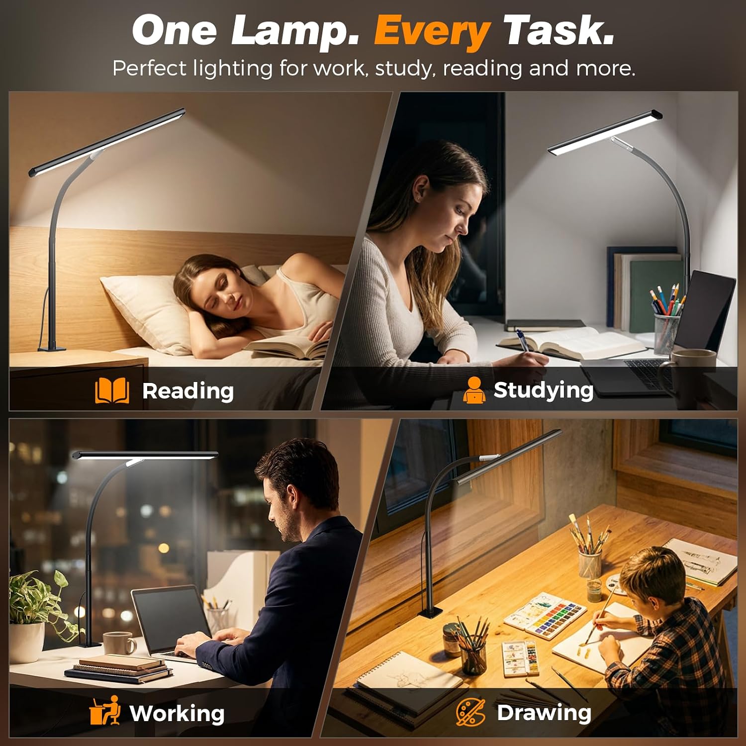 Airlonv LED Desk Lamp with Clamp, 17" Stepless Dimming Light, Black