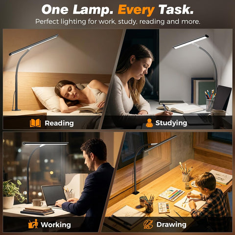 Airlonv LED Desk Lamp with Clamp, 17" Stepless Dimming Light, Black