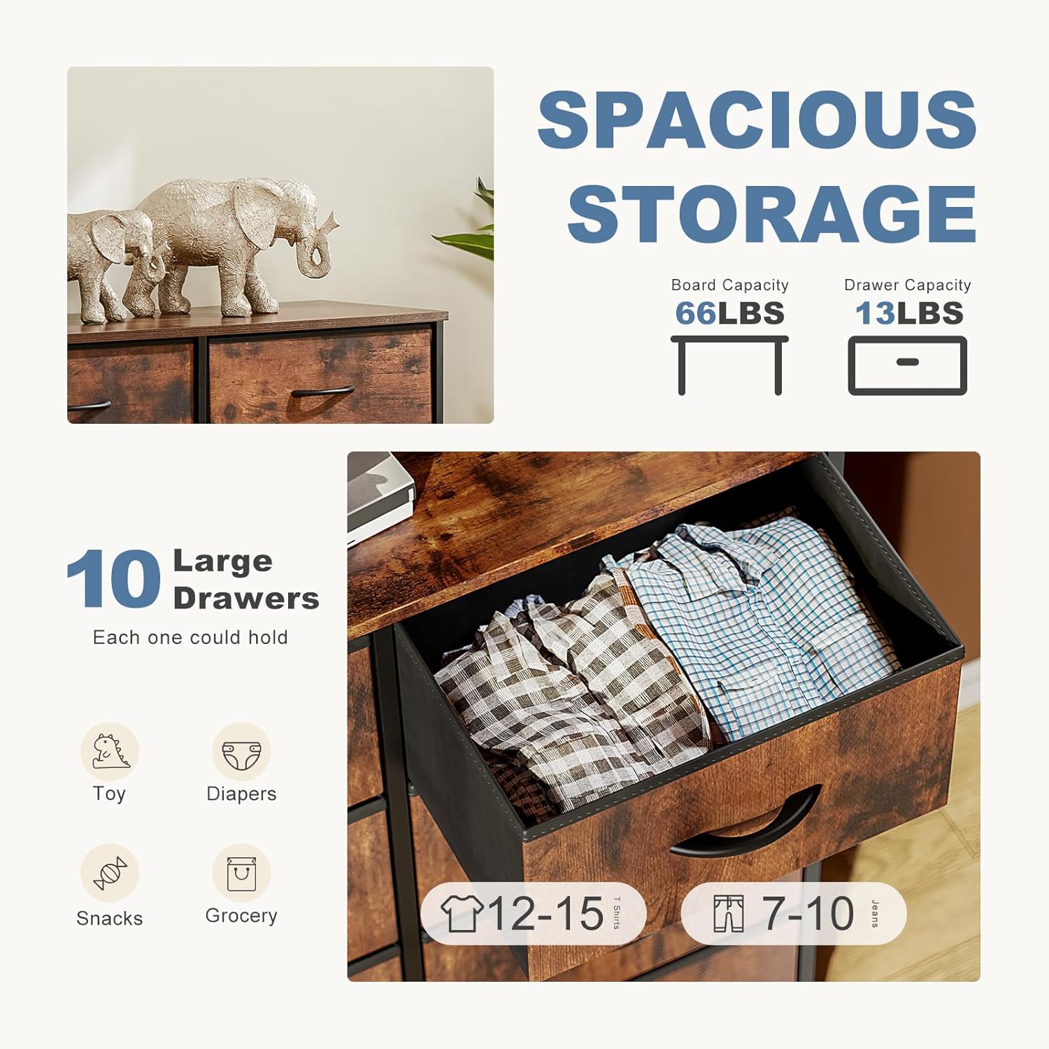 DUMOS 10 Drawer Tall Dresser for Bedroom & Living Room, Brown