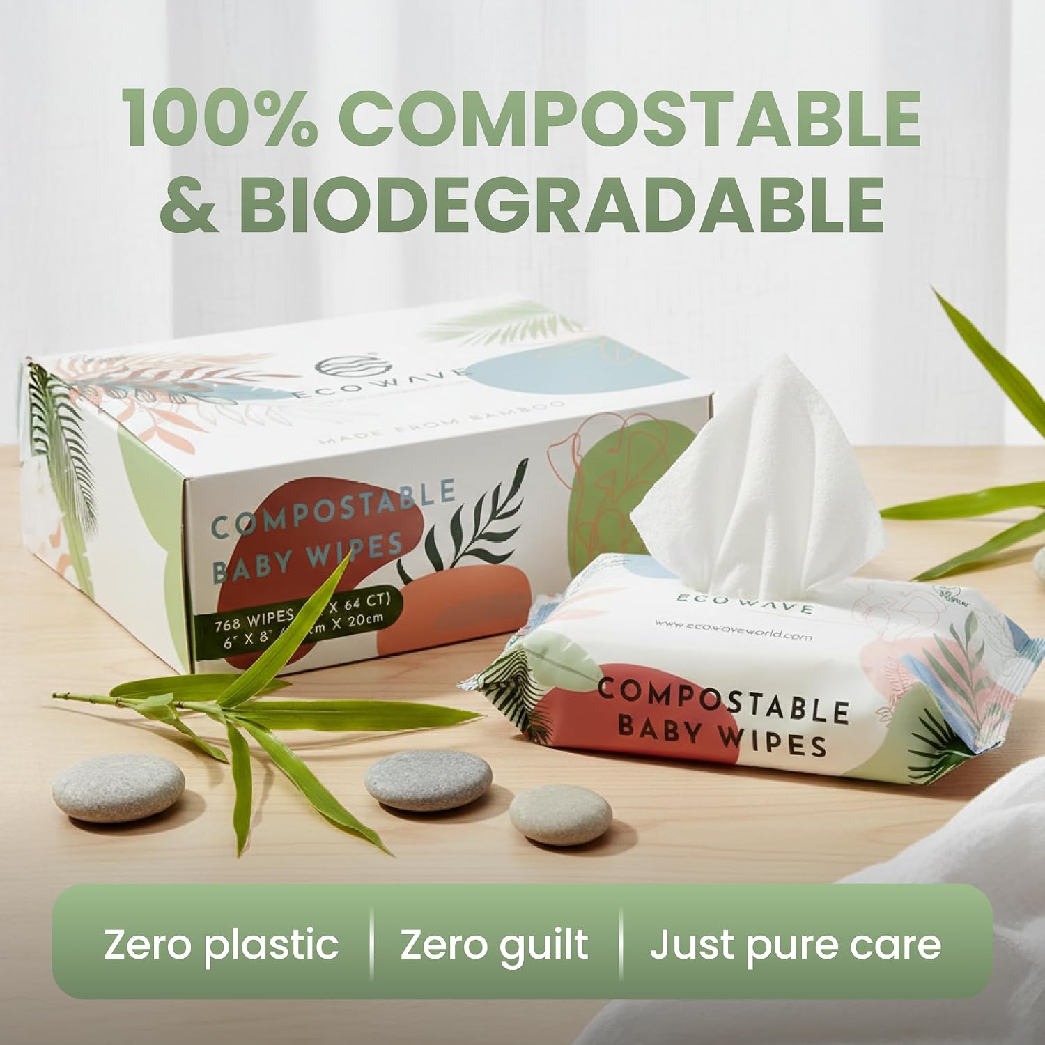 Eco Wave Bamboo Baby Wipes, Unscented, Sensitive Skin, Compostable