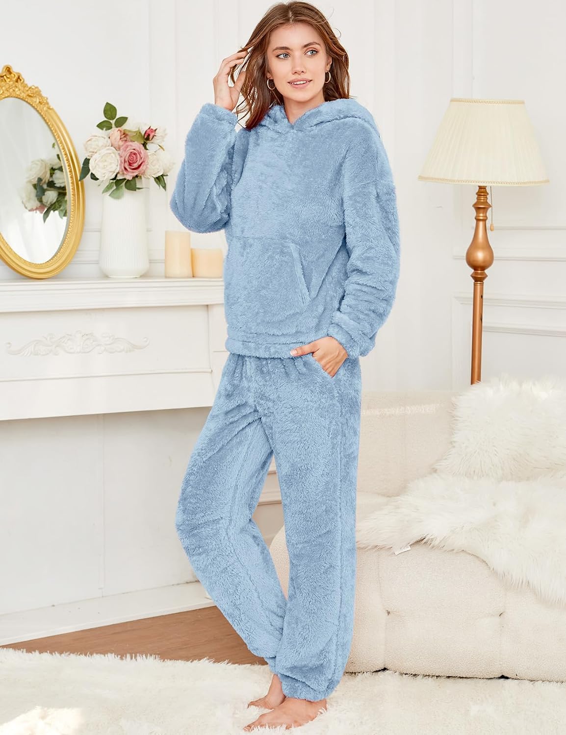 COZYPOIN Women's Fuzzy Pajamas Sets Hooded Bear Ear Fluffy Fleece Loungewear Sleep Pullover Top Pants 2 Piece Outfits Pockets