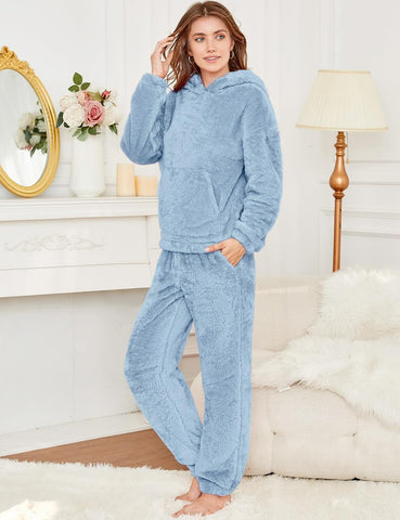 COZYPOIN Women's Fuzzy Pajamas Sets Hooded Bear Ear Fluffy Fleece Loungewear Sleep Pullover Top Pants 2 Piece Outfits Pockets