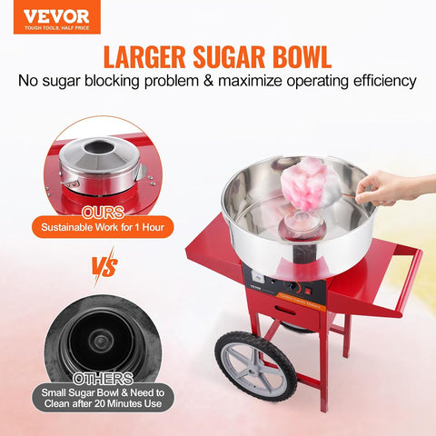 VEVOR Electric Cotton Candy Machine Cart, 1000W Commercial Floss Maker w/Stainless Steel Bowl, Sugar Scoop and Drawer, Perfect for Home, Carnival, Kids Birthday, Family Party, Red
