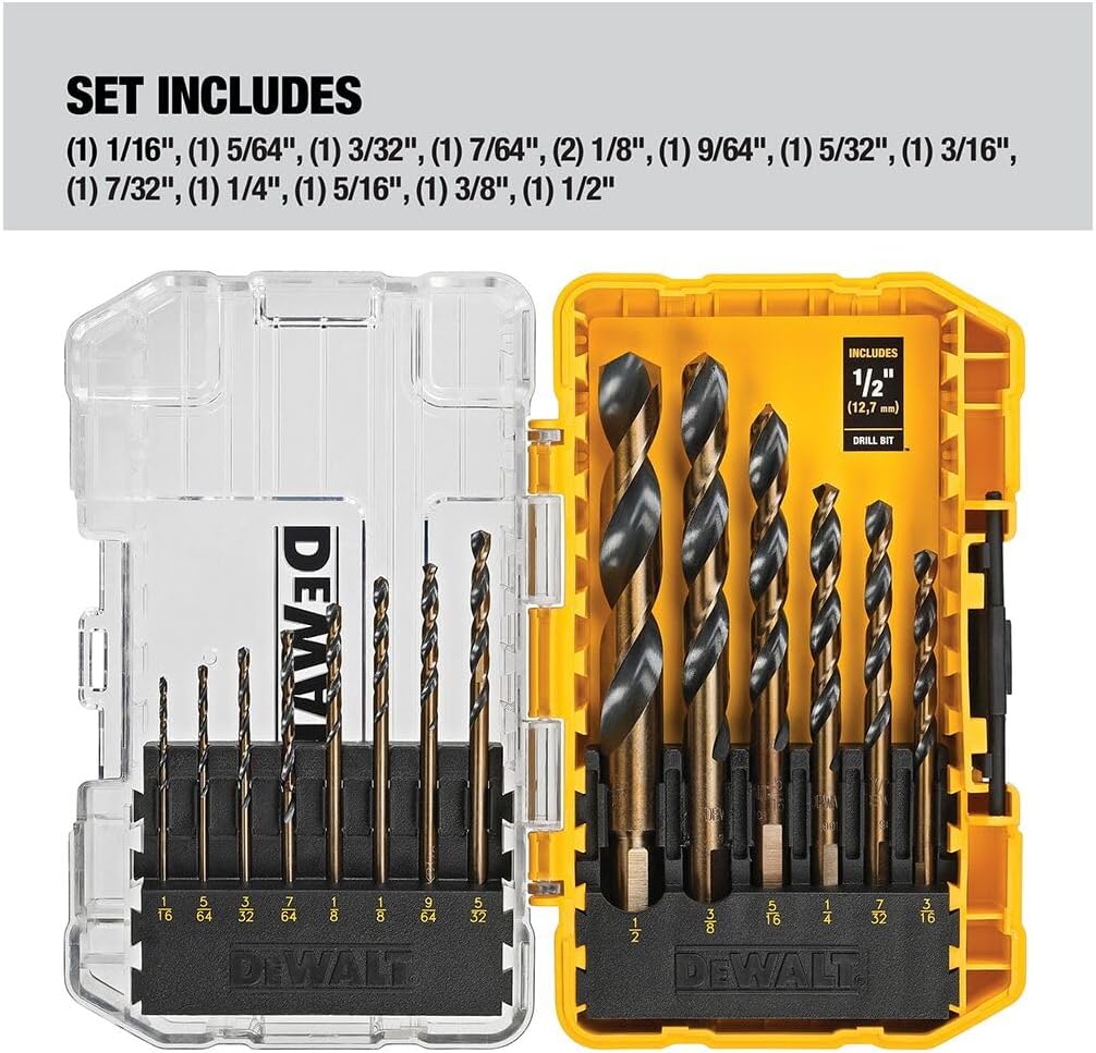 DEWALT Drill Bit Set, 3-Flats Shank,14-Piece, 135 Degree Split Point, for Plastic, Wood and Metal (DWA1184)