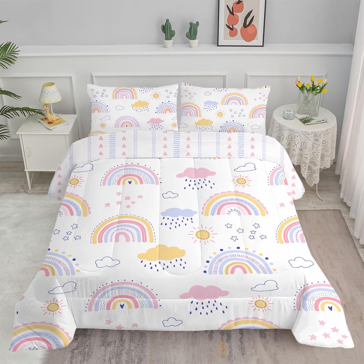 White Rainbow Comforter Twin XL/Twin Duvet Insert, Lightweight Stars Bedding Comforters for All Season, Soft Clouds Cute Bedding Set - 1 Reversible Twin Comforter + 2 Pillowcases
