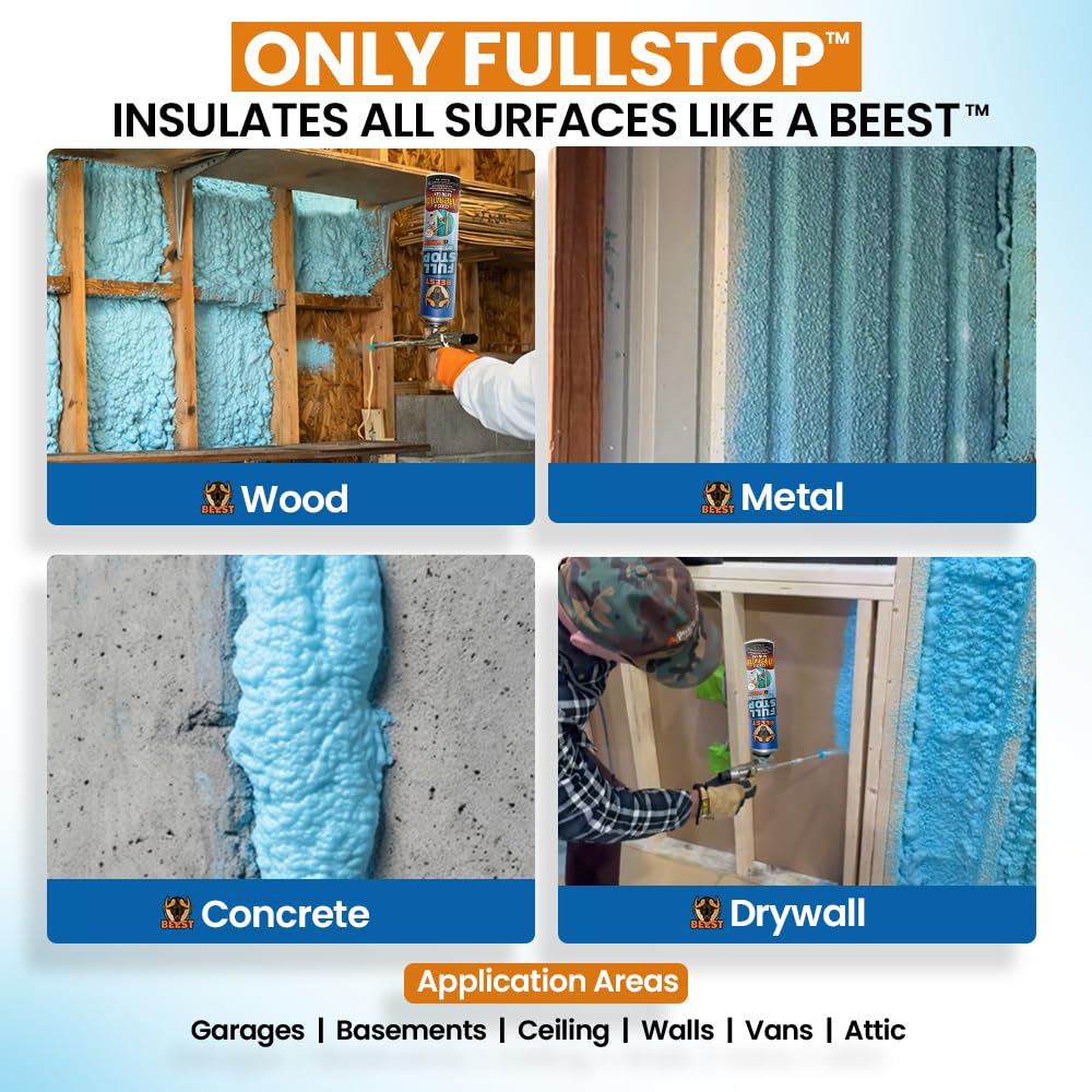 BEEST FullStop Spray Foam Insulation Kit - 40 Board ft/sq.ft. Fire Rated Spray Insulation Foam for Walls & Attics with Thermal & Soundproofing - Includes 2X Cans, 1 Cleaner, Pro X Gun, Safety Gear