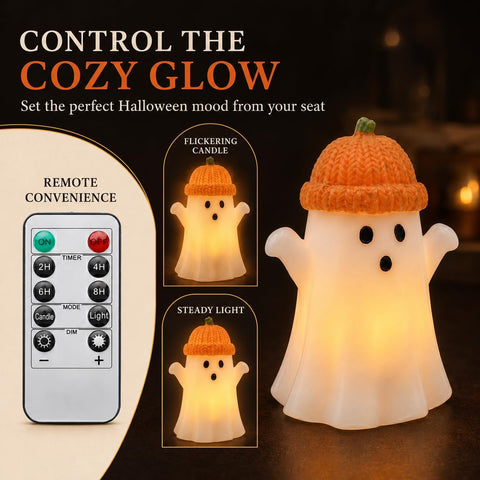 Enido Ghost with Pumpkin Hat Flameless Candles with Remote, Set of 2 Cute Real Wax LED Halloween Candles, Battery Operated Tea Lights, 2/4/6/8H Timer for Kids Room, Fall Tiered Tray Decor