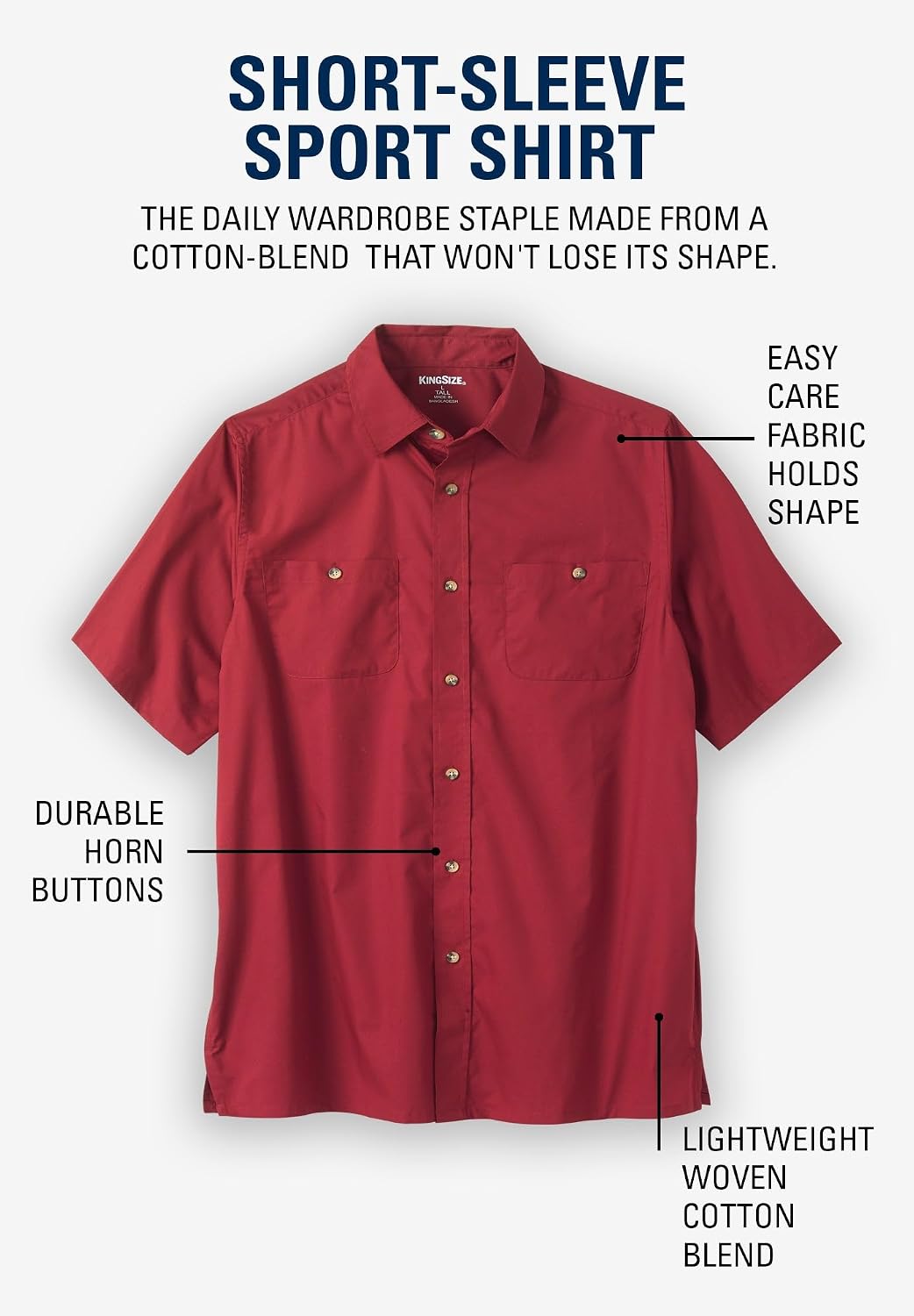 KingSize Solid Wrinkle-Resistant Short Sleeve Button Down