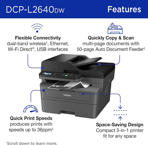 Brother DCP-L2640DW Wireless Compact Monochrome Multi-Function Laser Printer with Copy and Scan, Duplex, Mobile, Black & White | Includes Refresh Subscription Trial(1), Works with Alexa