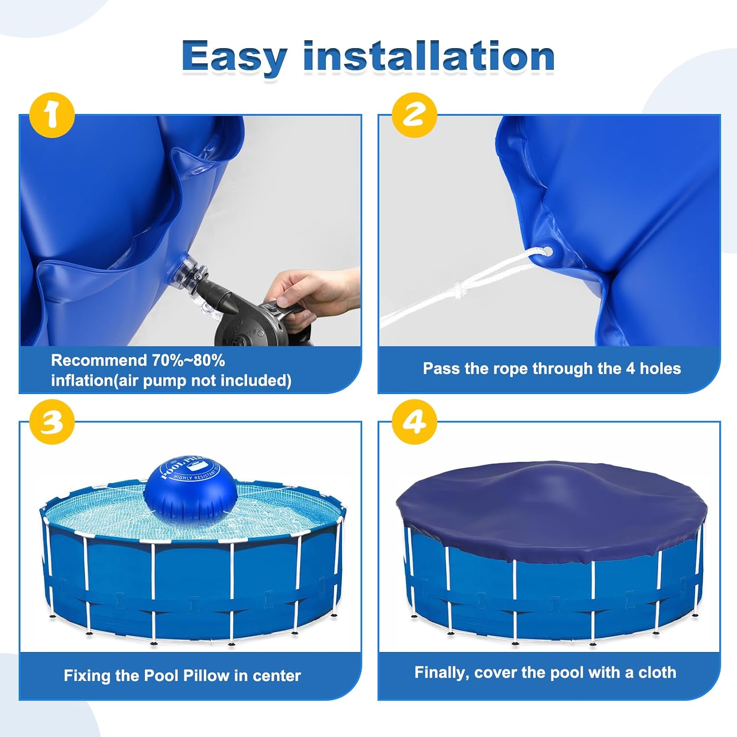 6 x 6 Ft Pool Pillows for Above Ground Pools with 66 Ft Rope, 0.5mm PVC Cold-Resistant for Closing Winter, Winterize Pool Closing Kit Winter Pool Cover Pillow No Leak