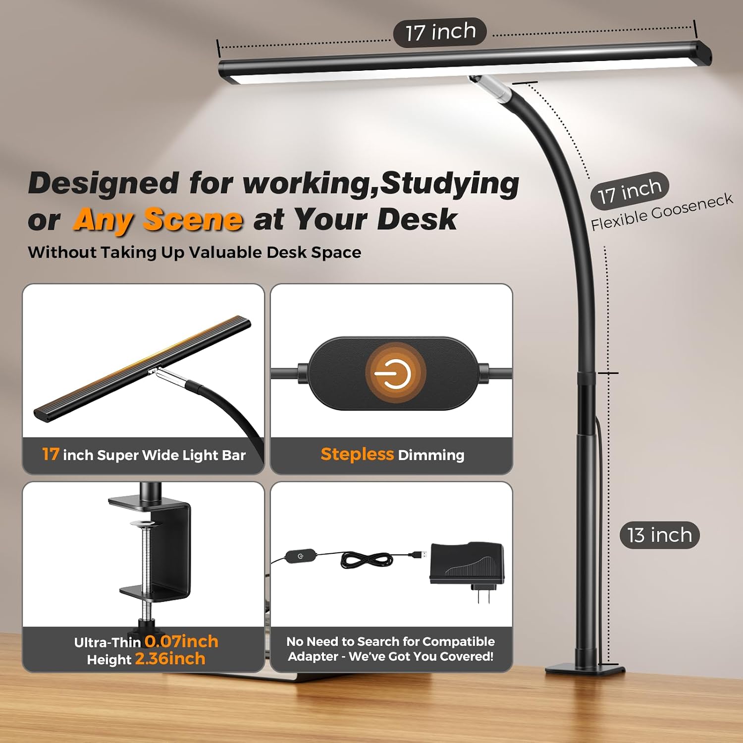 Airlonv LED Desk Lamp with Clamp, 17" Stepless Dimming Light, Black