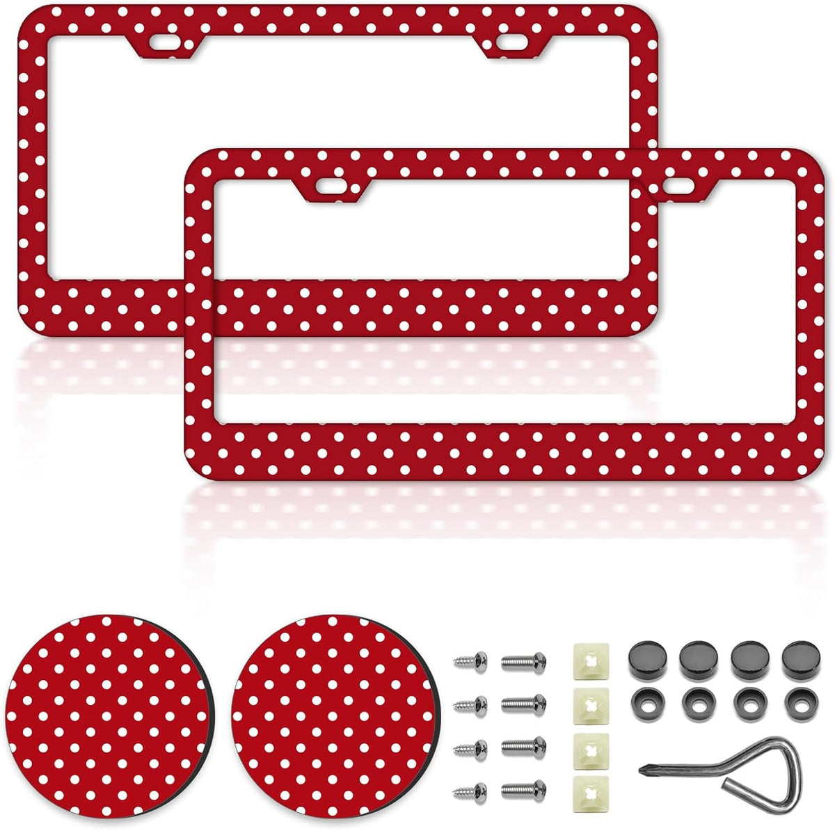 Polka Dots License Plate Frames，Polka dots Car Accessories for Women and Men ，Cute License Plate，Aluminum License Plate Frame Fits Standard US Vehicles Size 12.2 x 6 Inch (Red-Polka dots)