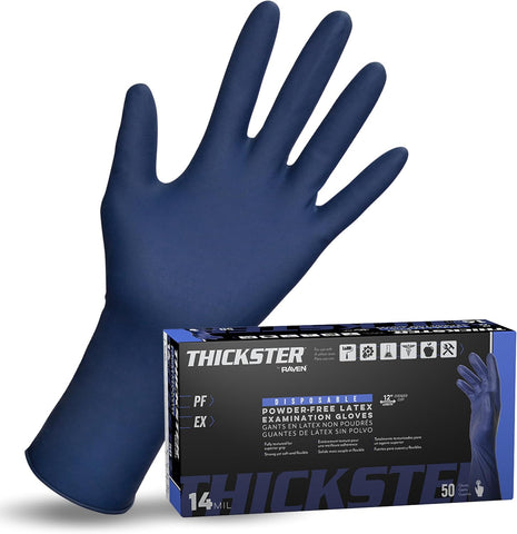 Thickster Powder-Free Exam Grade Latex Disposable Gloves. Blue, 14 mil Thickness, 12" Length. Single Use. Pack of 50.