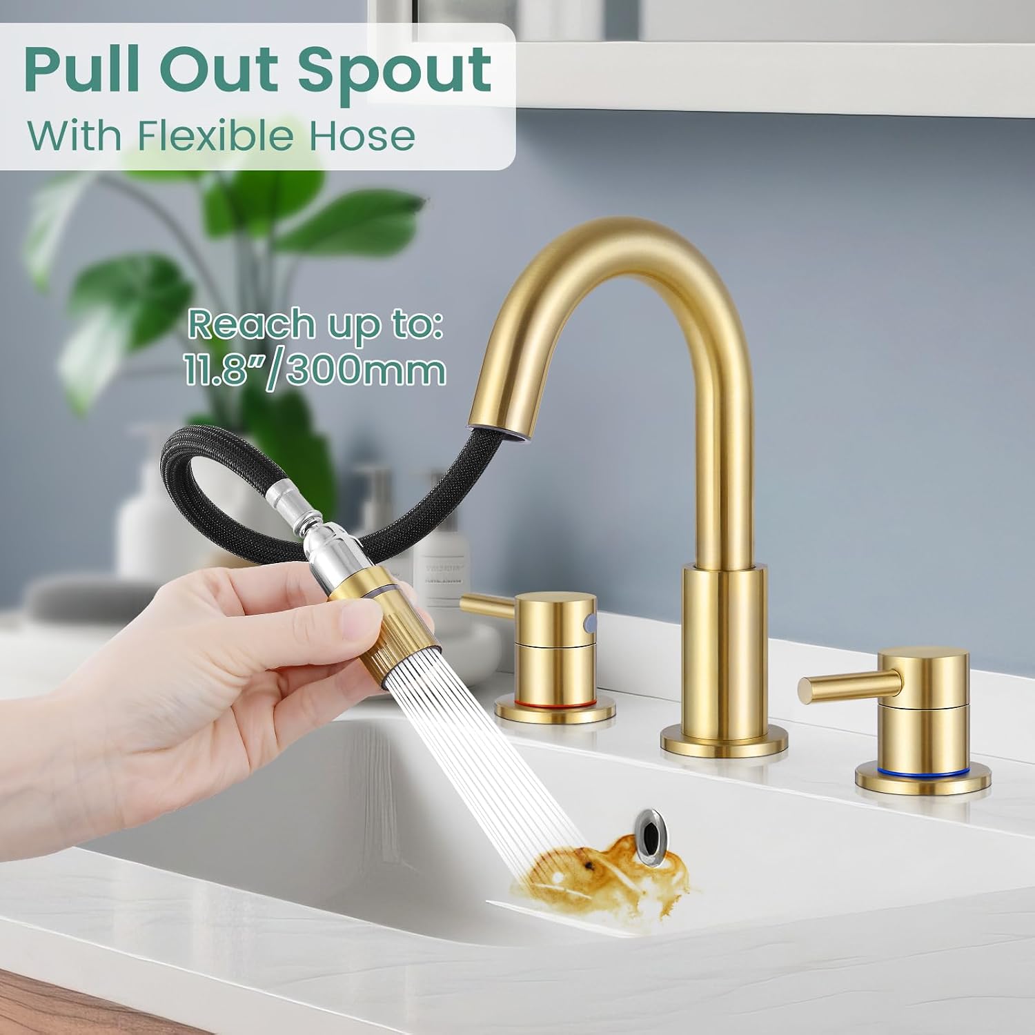 Brushed Gold Bathroom Sink Faucet 3 Hole with Pull Down Sprayer