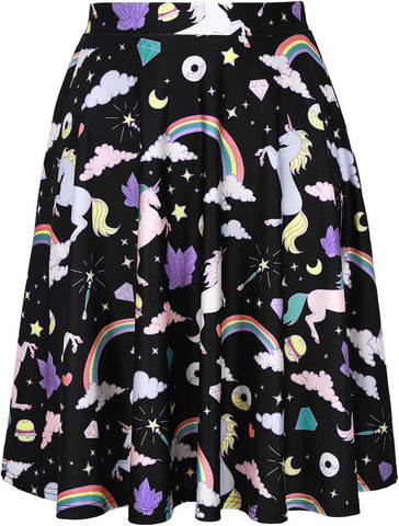 HDE Skirts for Women - Midi Skirt Skater Skirt Knee Length High Waist Fun Prints