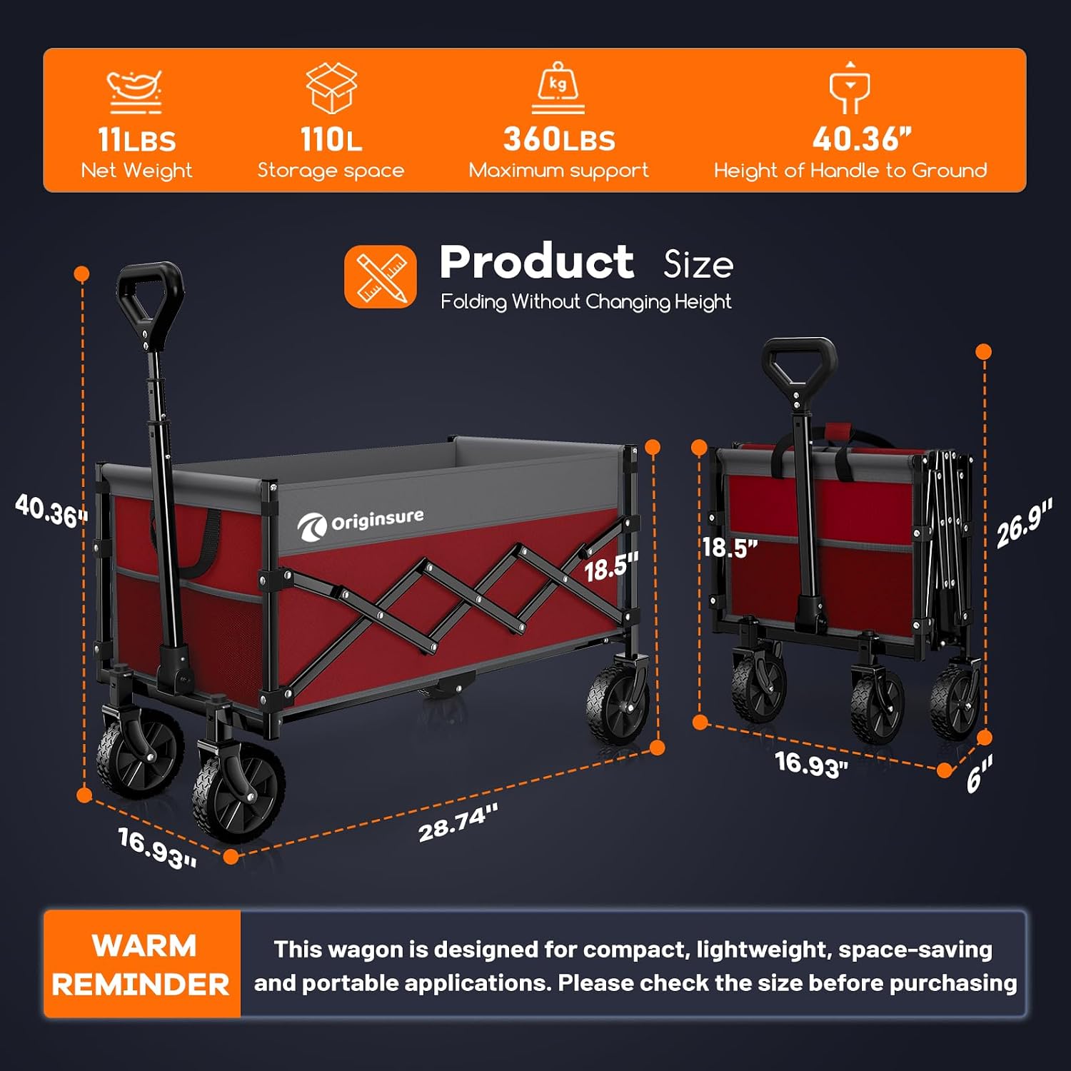 Originsure 110L Portable Foldable Wagon Cart, 360lbs Heavy Duty, Grey&Red