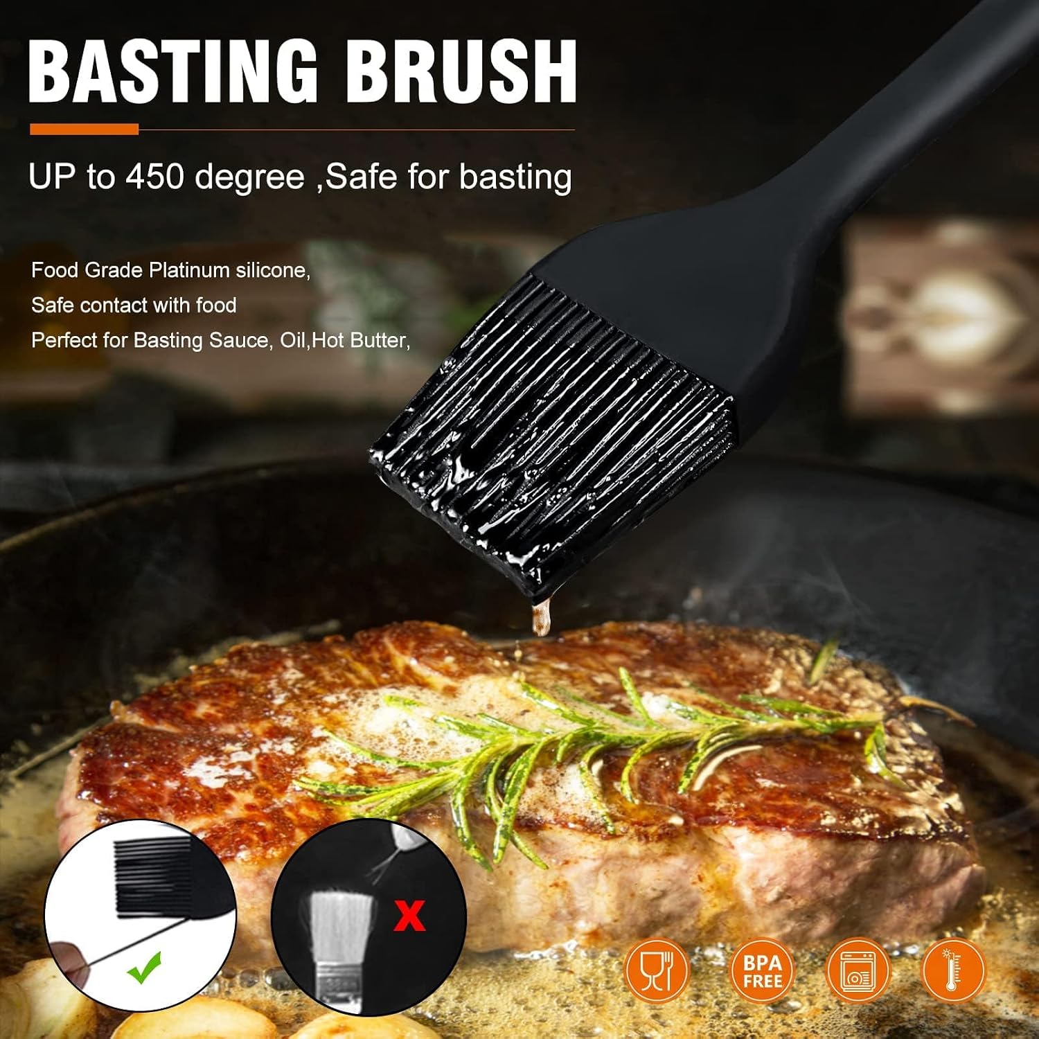 Walfos 3 Size Basting Brush, 600°F High Heat Resistant Silicone Pastry Brushes for BBQ, Baking, Kitchen Cooking, Desserts- BPA Free&Dishwasher Safe