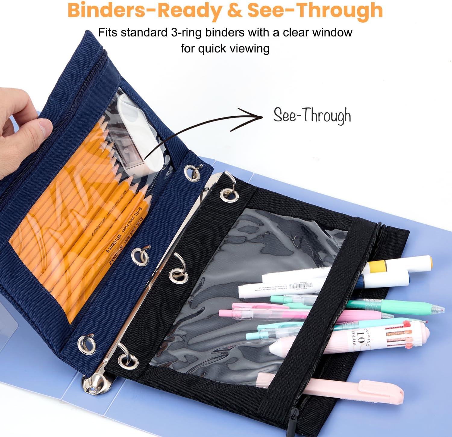 Binder Pencil Pouch for 3 Ring Binder, Clear Pencil Case Box Bag, Aesthetic Pen Organizer for School Supplies with Zipper, Back to School for Girls Boys, 1 Pack, Black