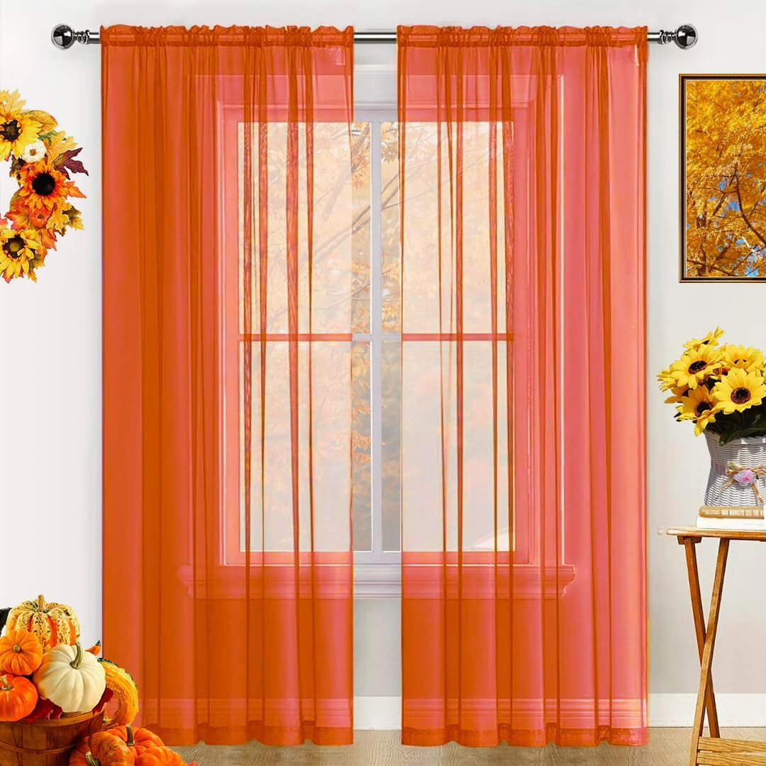 SpaceDresser Basic Rod Pocket Sheer Voile Window Curtain Panels Jaffa Orange 1 Pair 2 Panels 52 Width 63 Inch Long for Kitchen Bedroom Children Living Room Yard(Jaffa Orange,52 W x 63 L)