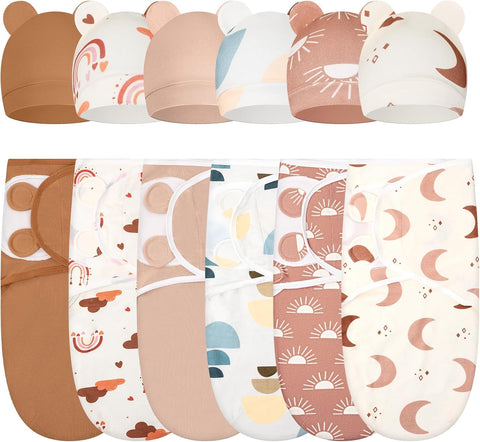Ramede 6 Pack Baby Swaddle Blankets with Hats,Boho,Khaki