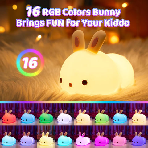 Kawaii Bunny Toys for Girls Gifts, 16-Color Silicone Night Light Cute Lamp