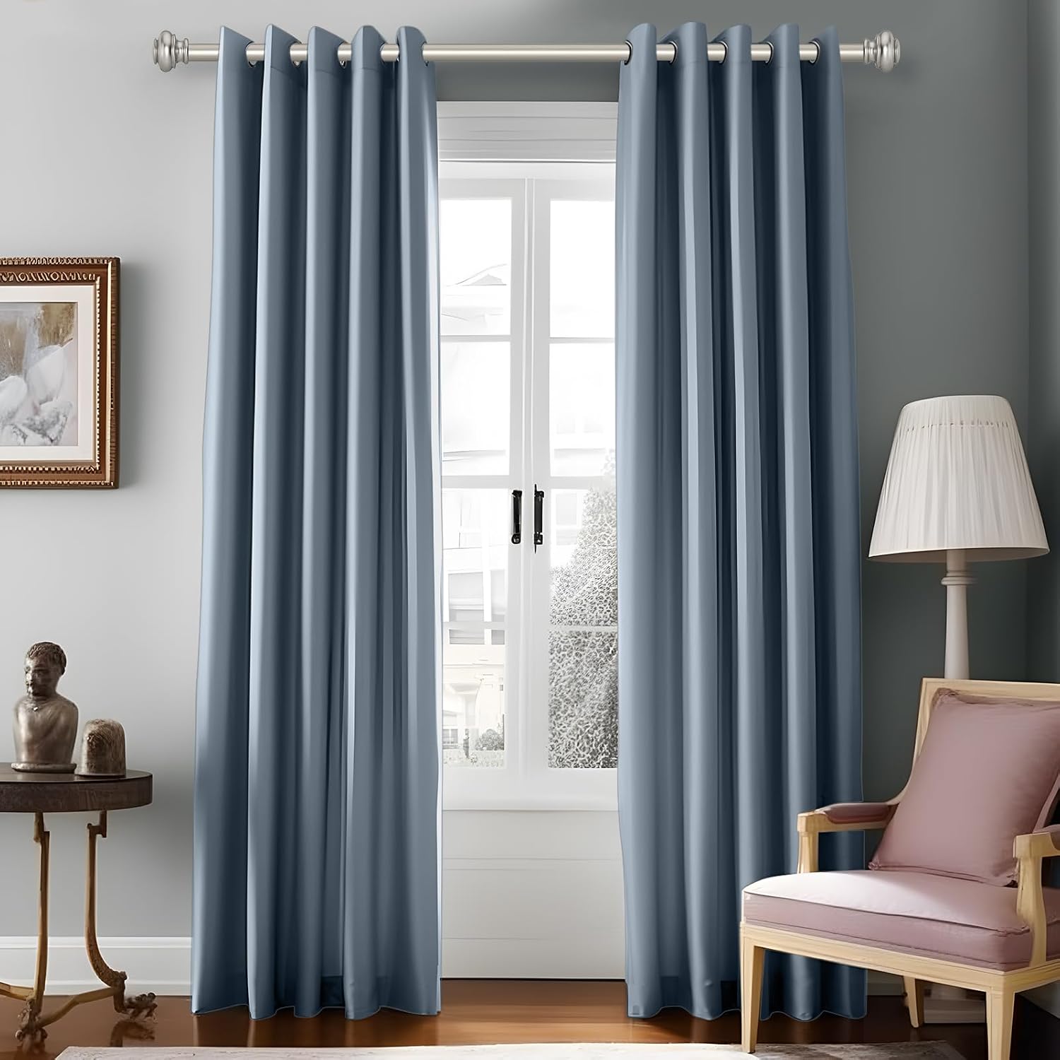 SIMEWIN Heavy Duty Curtain Rods for Windows 28 to 48 Inches, 1 Inch Silver Curtain Rods for Bedroom, Living Room, Patio, Kitchen, Adjustable Curtain Rods with Classic Finials, Silver Finishing