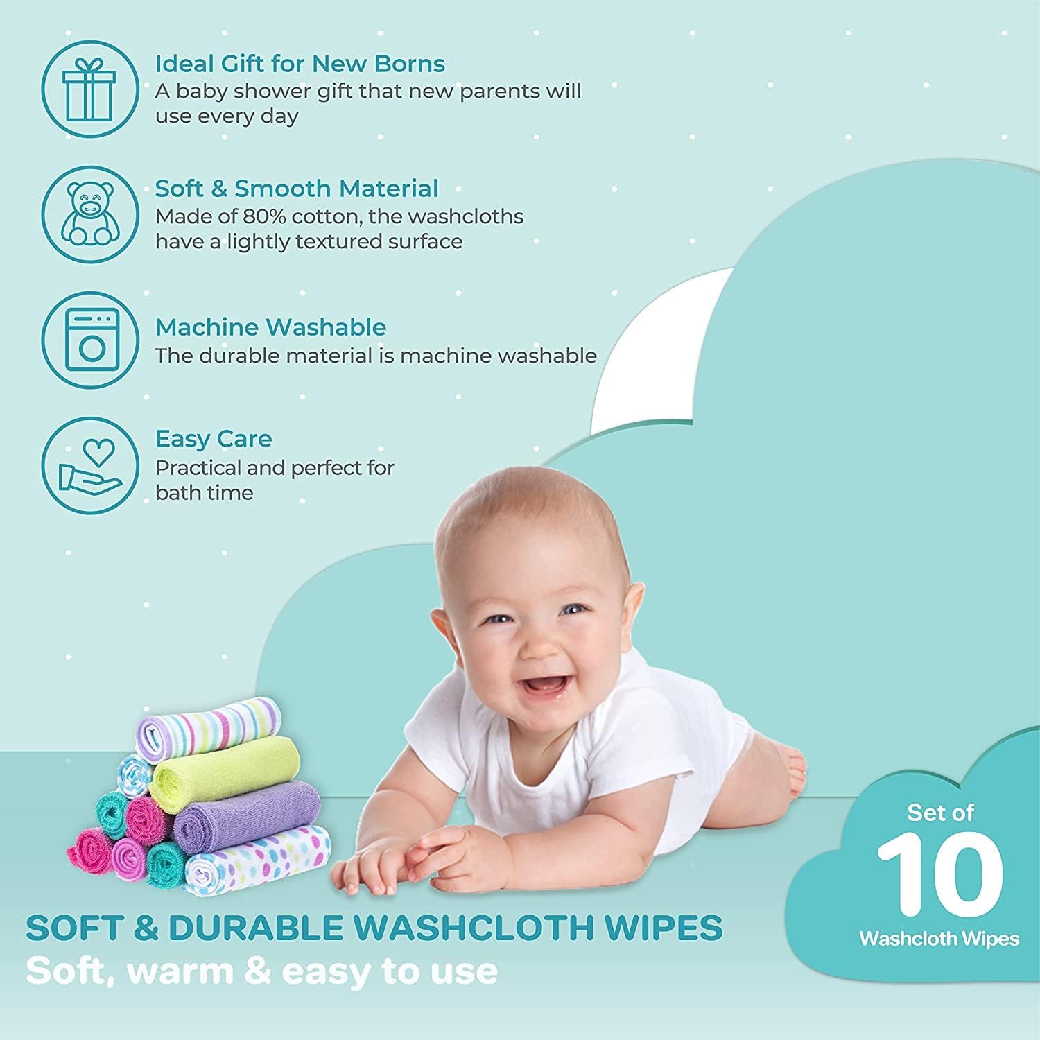 Spasilk Washcloth Wipes Set for Newborn Boys and Girls, Soft Terry Washcloth Set, Pack of 10, Aqua Bubbles
