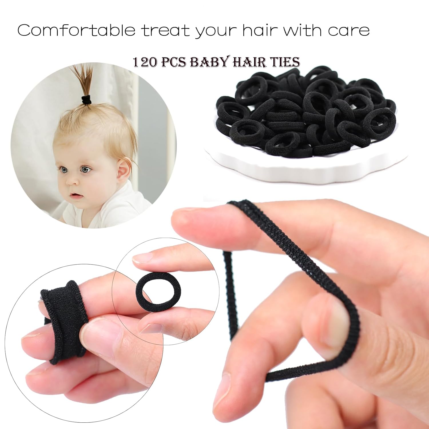 120 Pcs Baby Hair Ties, Cotton Toddler Hair Ties for Girls and Kids, Multicolor Small Seamless Hair Bands Elastic Ponytail Holders,Black