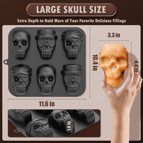 HKNMTT Halloween Silicone Molds for Baking Extra large, 6 Cavities 3D Skull Cake Pizza Soap Pan Molds, Nonstick Halloween Skeleton Mold for Ice Cupcake